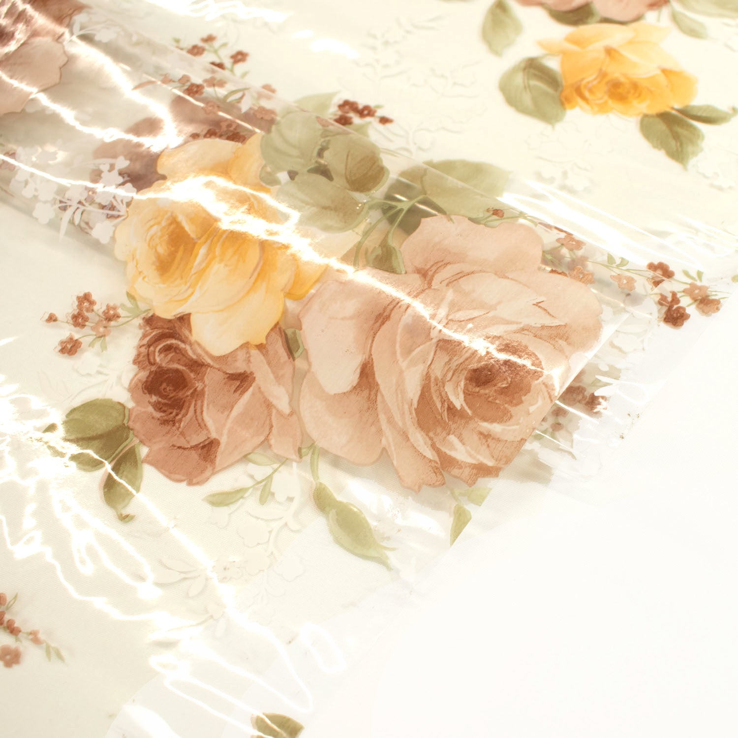 Beige & Yellow Flowers Transparent Plastic Tablecloth Fabric