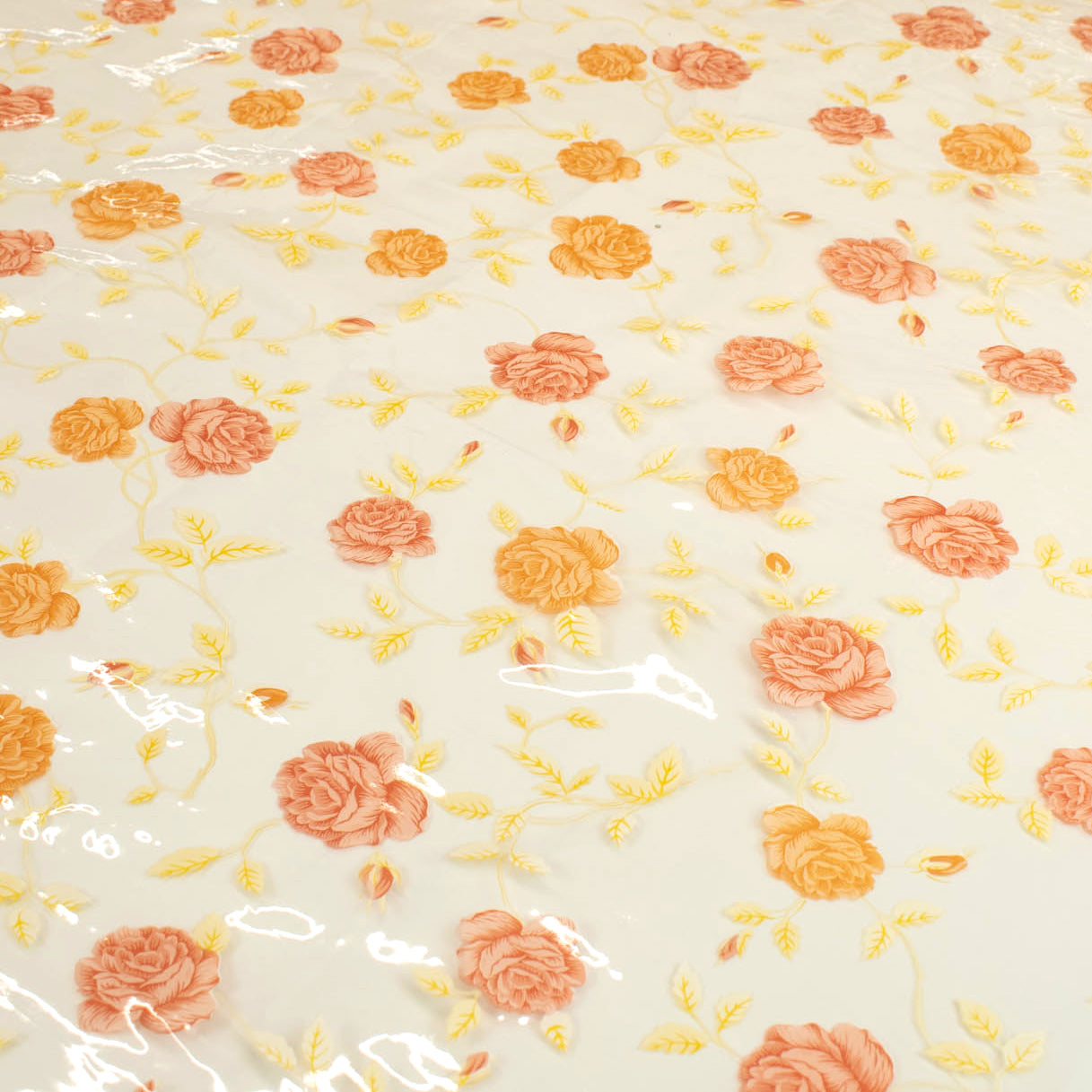 Orange Flowers Transparent Plastic Tablecloth Fabric