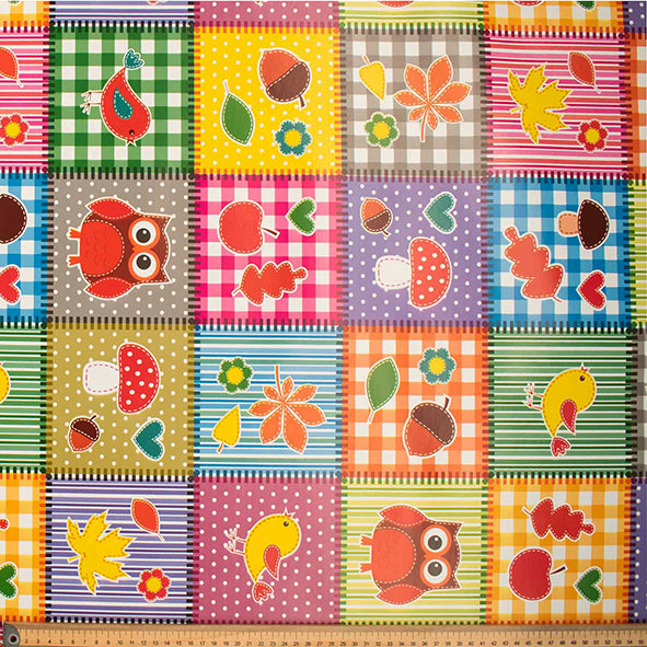 Owls on Multicolour Check Plastic Tablecloth Fabric