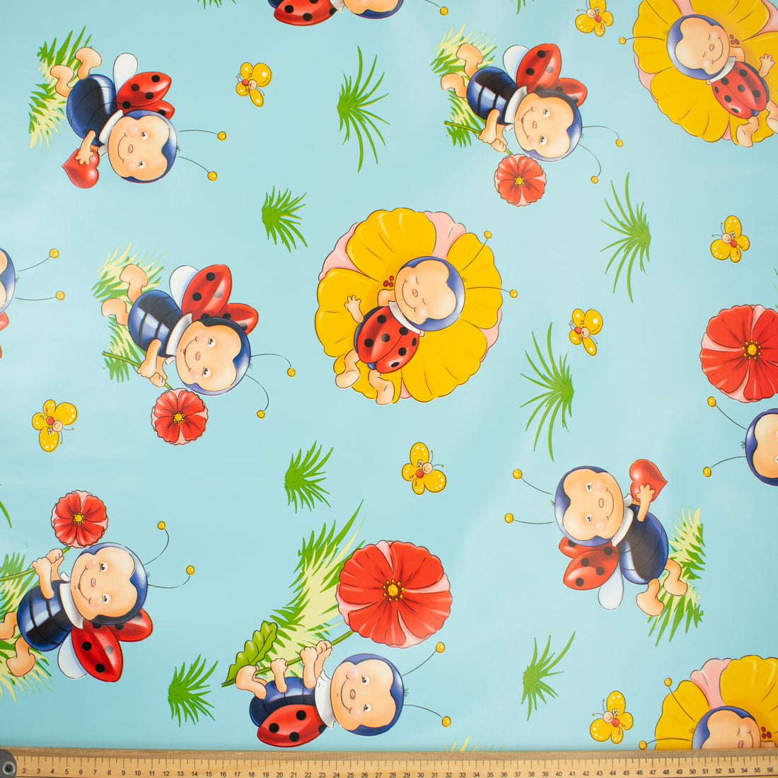 Ladybird & Flower on Blue Plastic Tablecloth Fabric