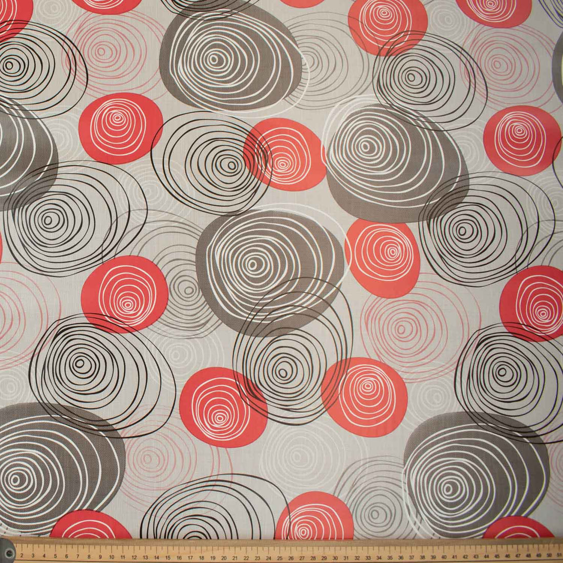 Red & Grey Whirlpool Circle Plastic Tablecloth Fabric