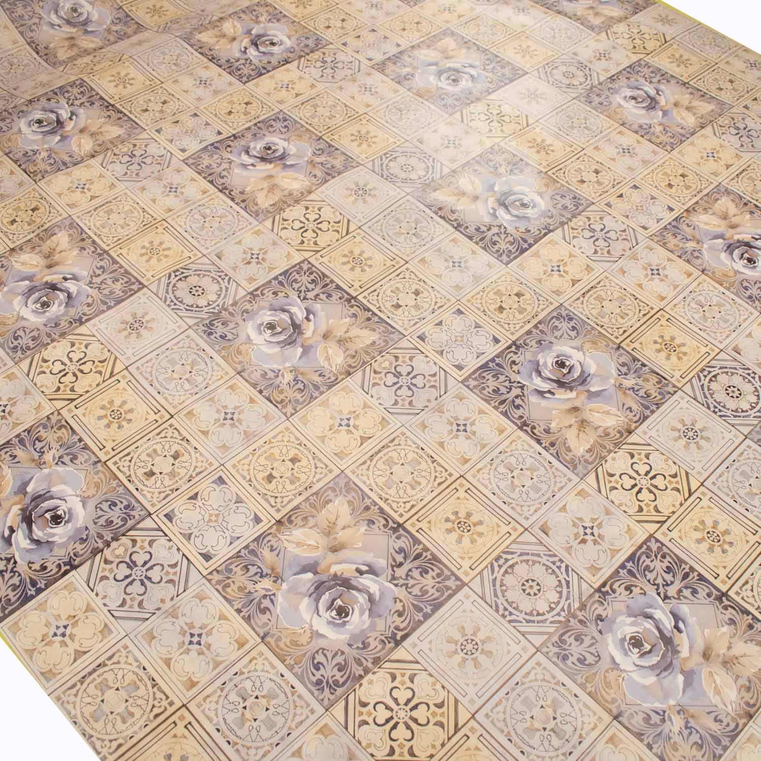 Lilac Flower & Beige Checks Plastic Tablecloth Fabric