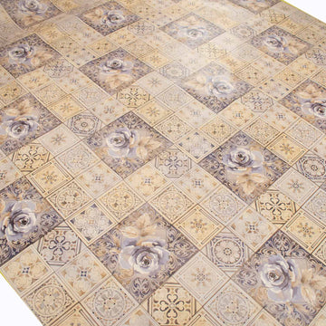 Lilac Flower & Beige Checks Plastic Tablecloth Fabric