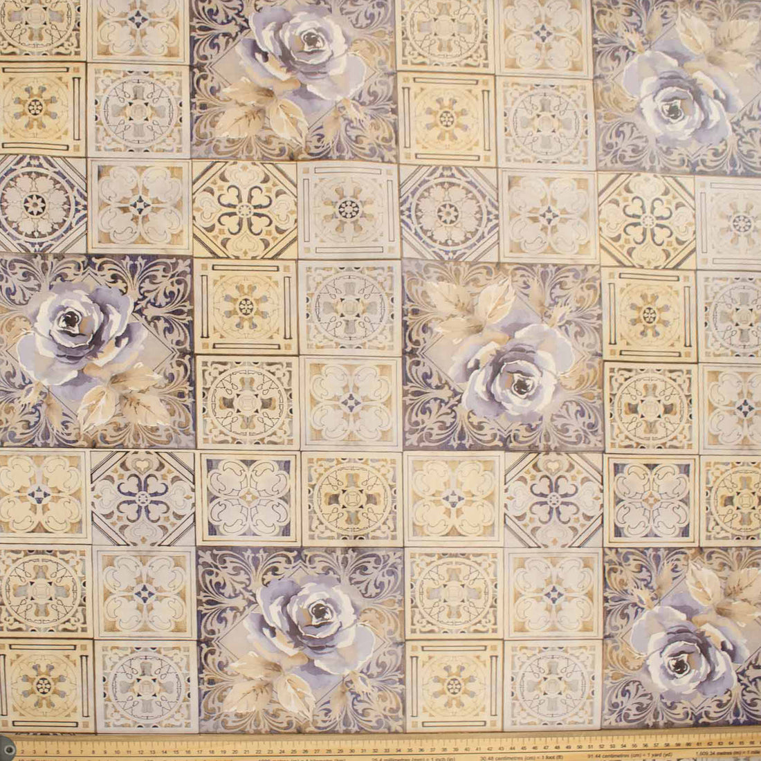 Lilac Flower & Beige Checks Plastic Tablecloth Fabric