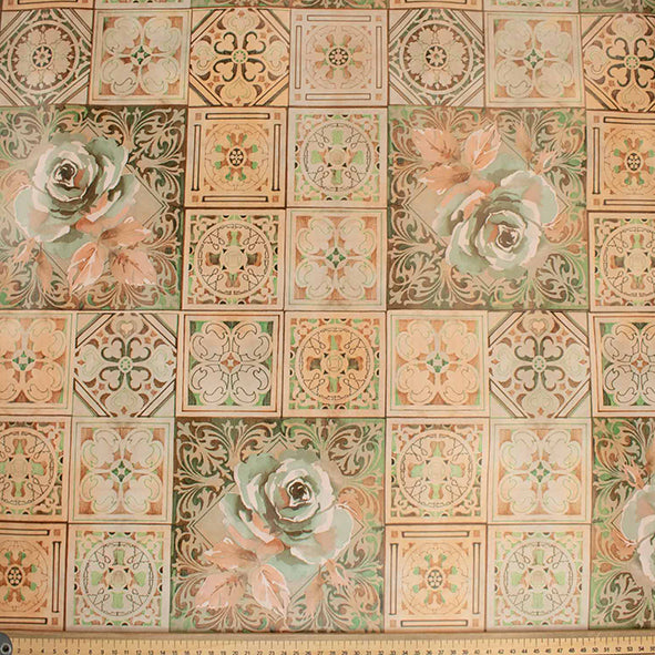 Green Flower & Brown Checks Plastic Tablecloth Fabric