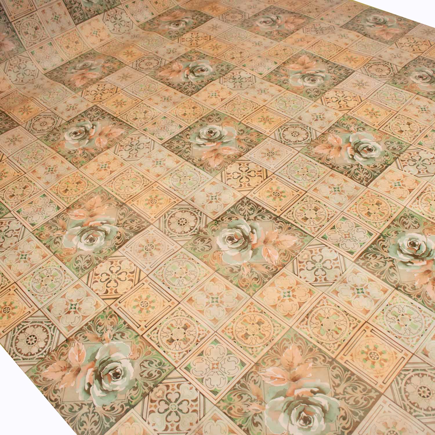 Green Flower & Brown Checks Plastic Tablecloth Fabric