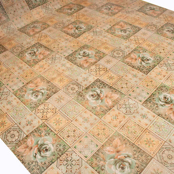Green Flower & Brown Checks Plastic Tablecloth Fabric