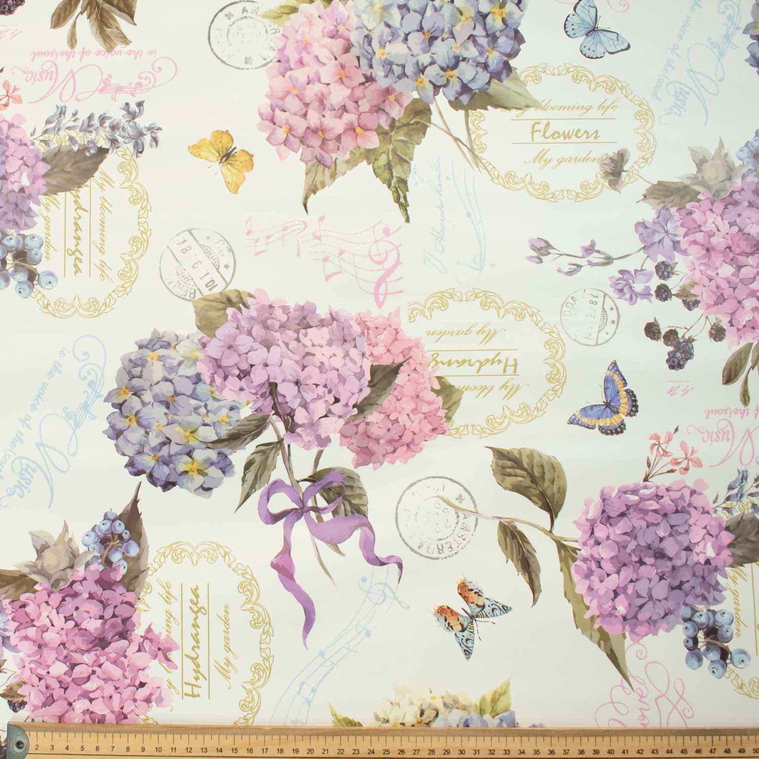 Pink & Lilac Hydrangea Plastic Tablecloth Fabric