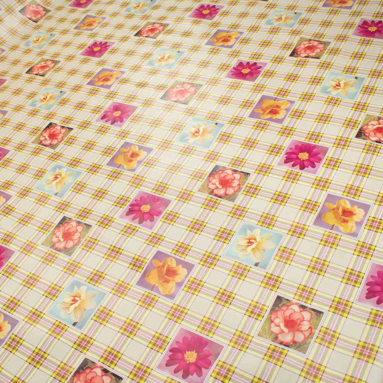Flower on Yellow Check Plastic Tablecloth Fabric
