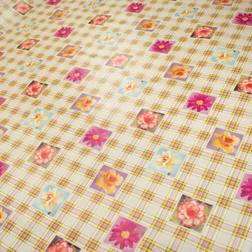 Flower on Yellow Check Plastic Tablecloth Fabric