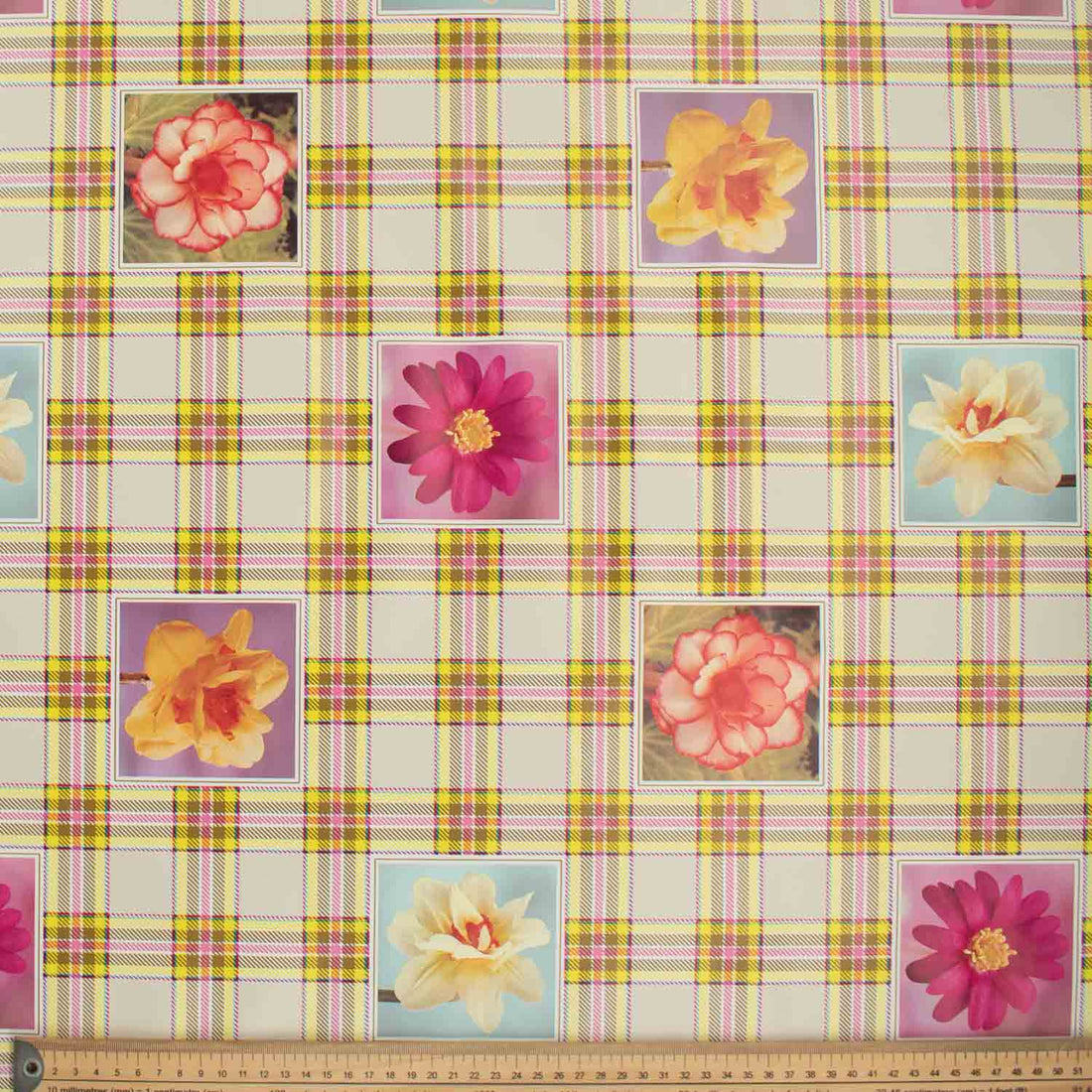Flower on Yellow Check Plastic Tablecloth Fabric