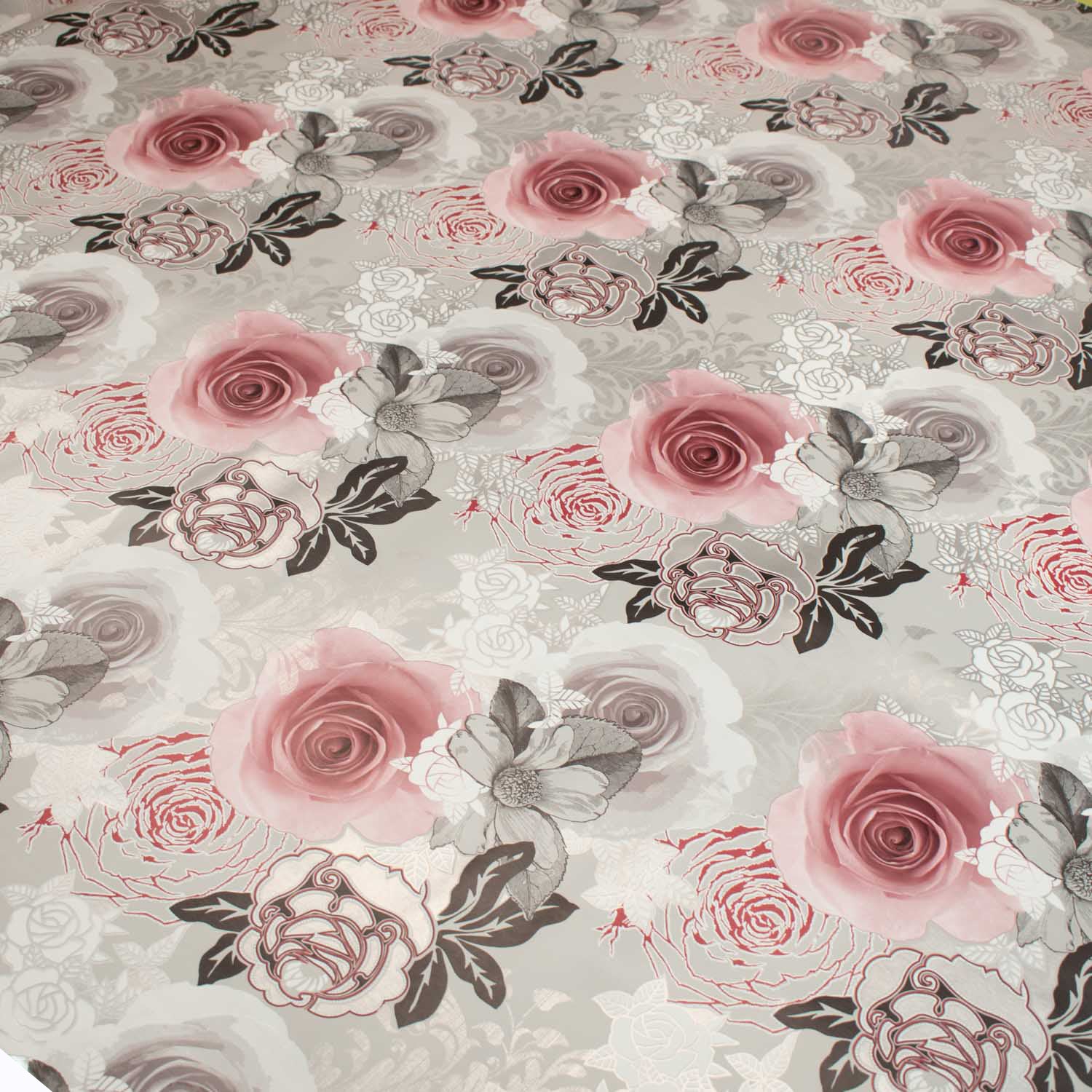 Pink Roses on Grey Plastic Tablecloth Fabric