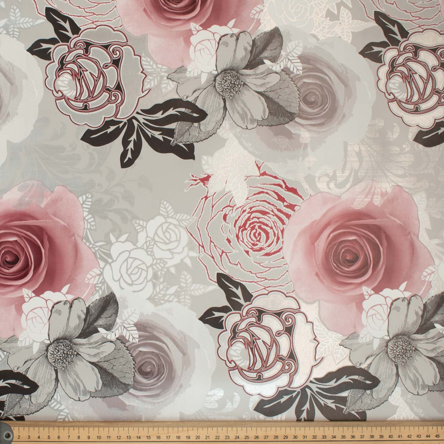 Pink Roses on Grey Plastic Tablecloth Fabric