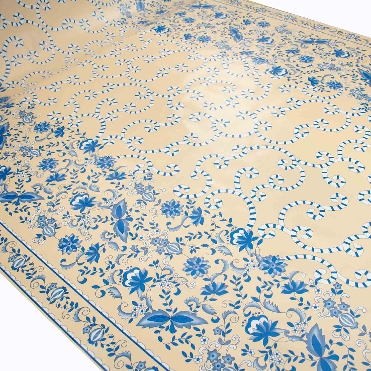 Blue Floral Vines Plastic Tablecloth Fabric