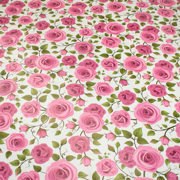 Pink Roses Vines Plastic Tablecloth Fabric