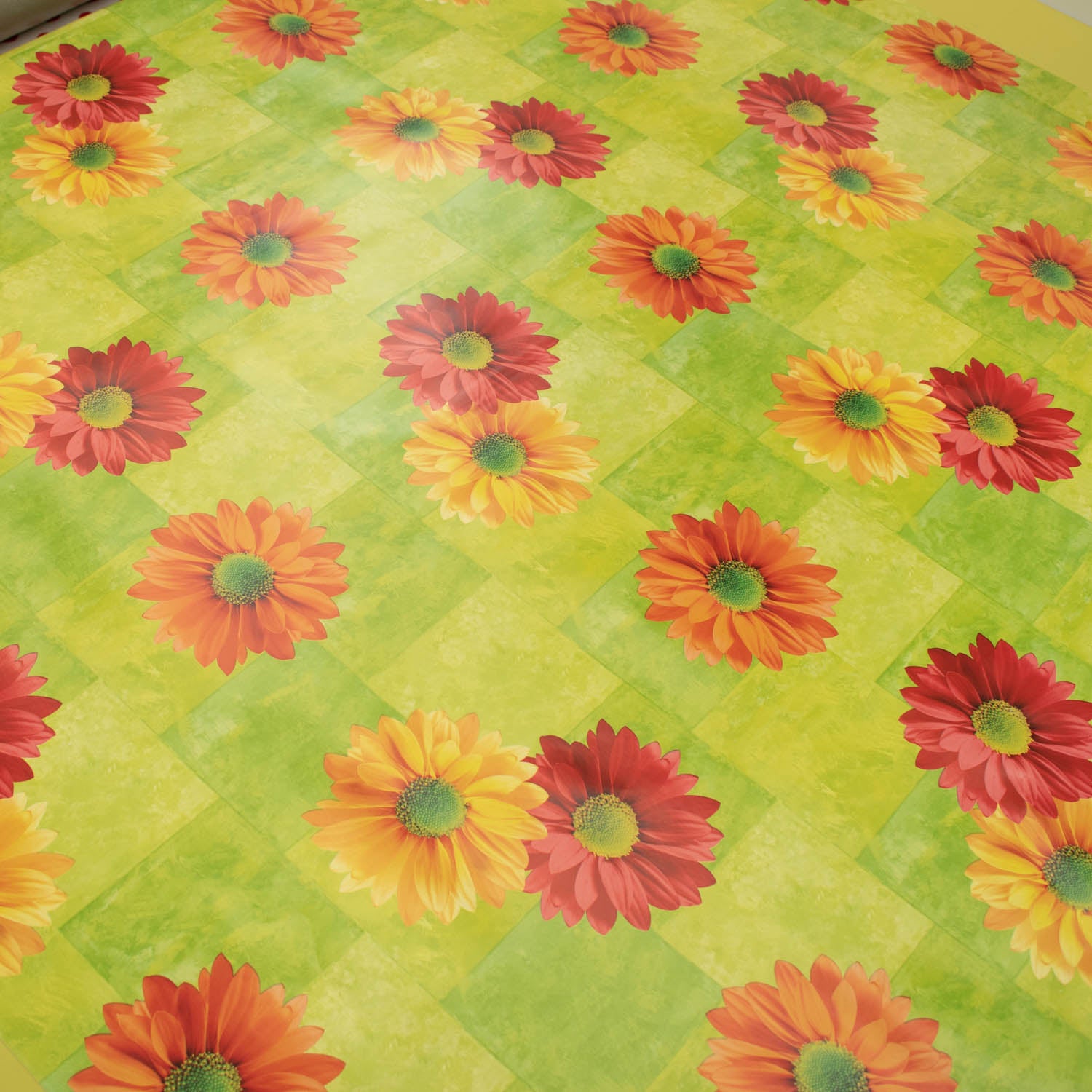 Daisy Flowers on Green Plastic Tablecloth Fabric