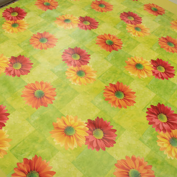 Daisy Flowers on Green Plastic Tablecloth Fabric
