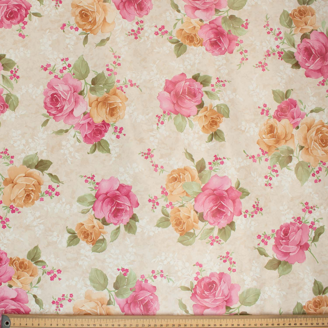 Pink & Yellow Roses Plastic Tablecloth Fabric
