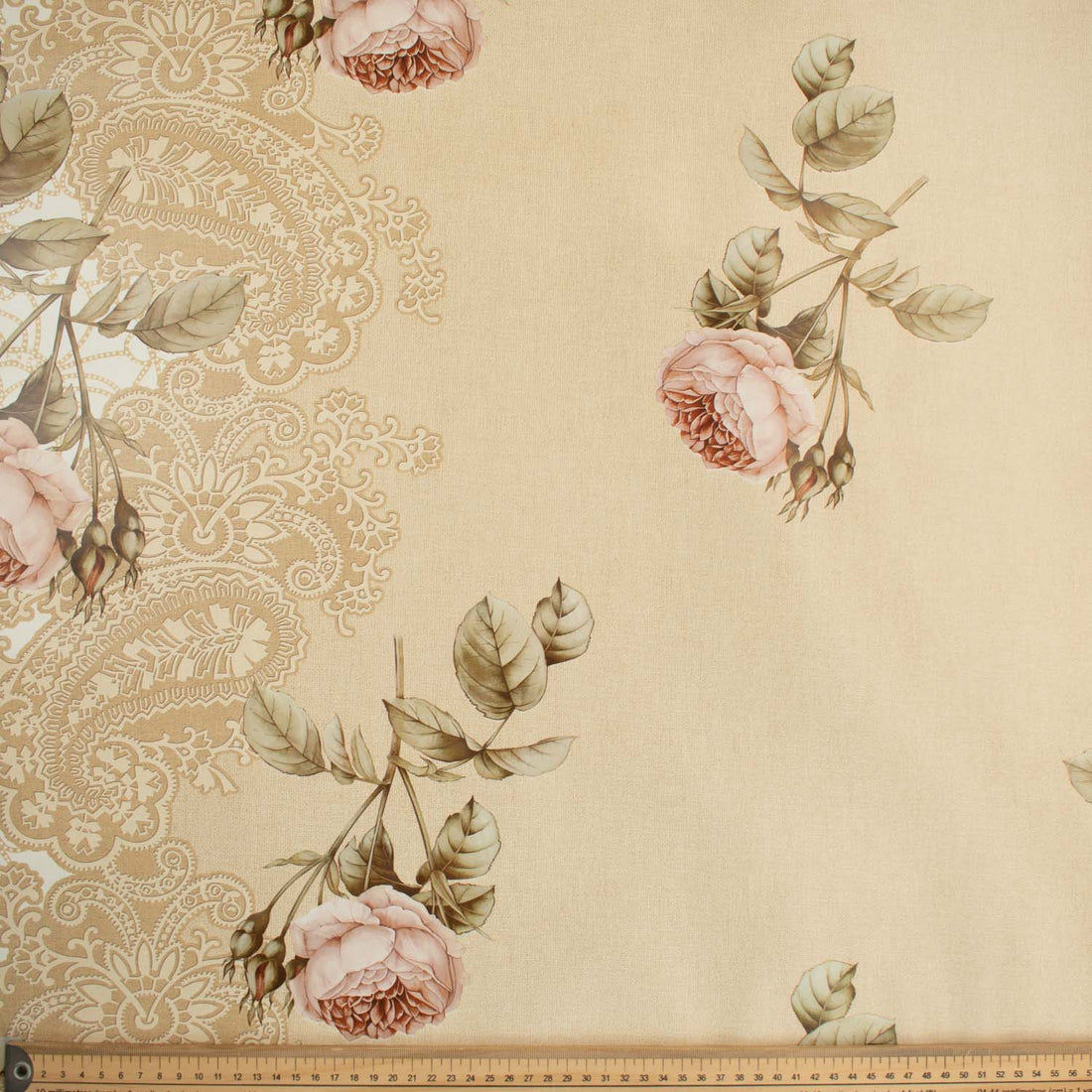Latte Roses & Paisley Plastic Tablecloth Fabric