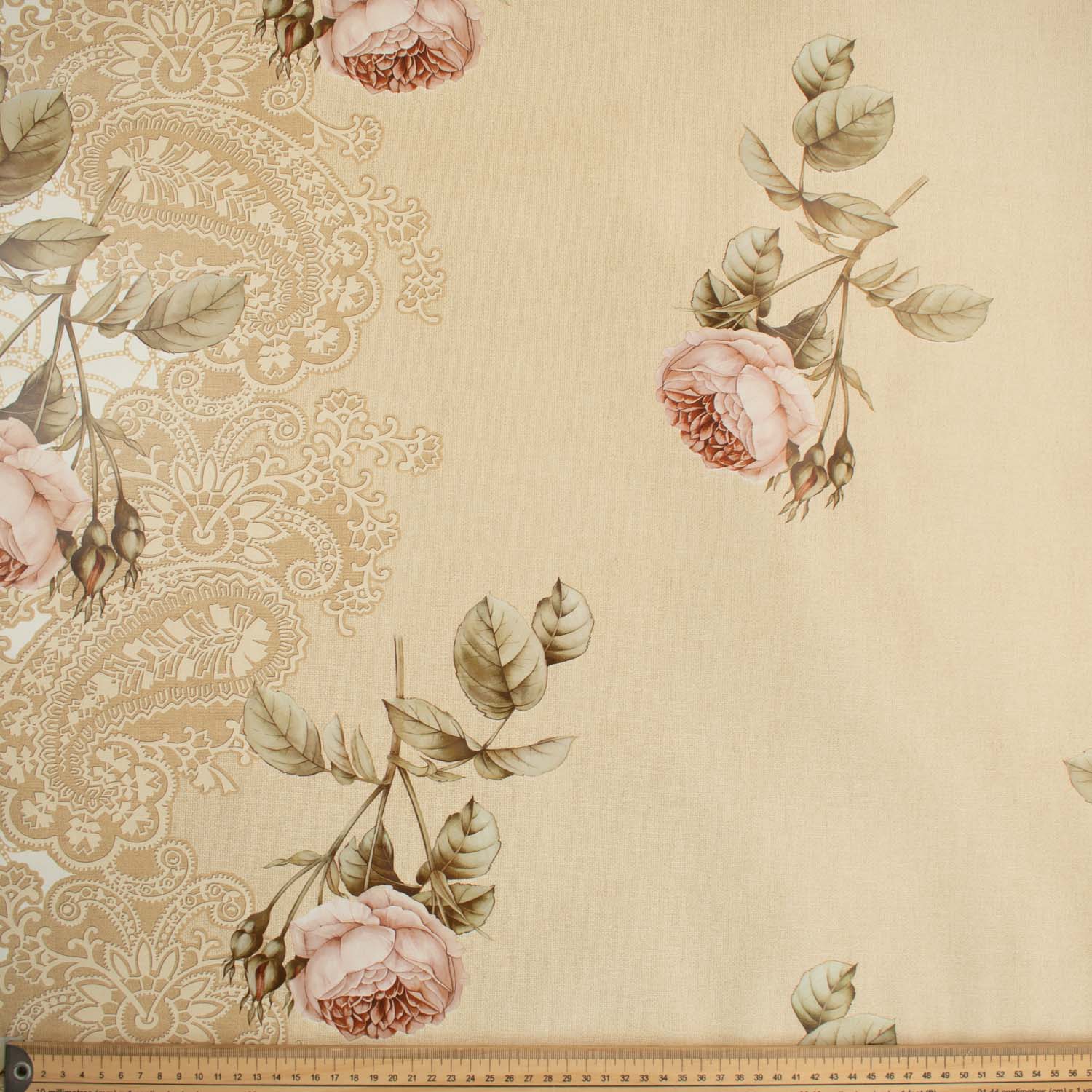 Latte Roses & Paisley Plastic Tablecloth Fabric