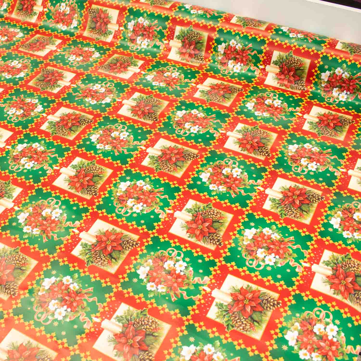 Christmas Poinsettia on Red & Green Check Plastic Tablecloth Fabric