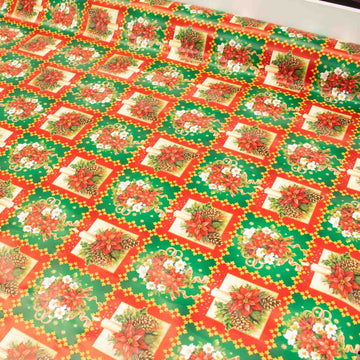 Christmas Poinsettia on Red & Green Check Plastic Tablecloth Fabric