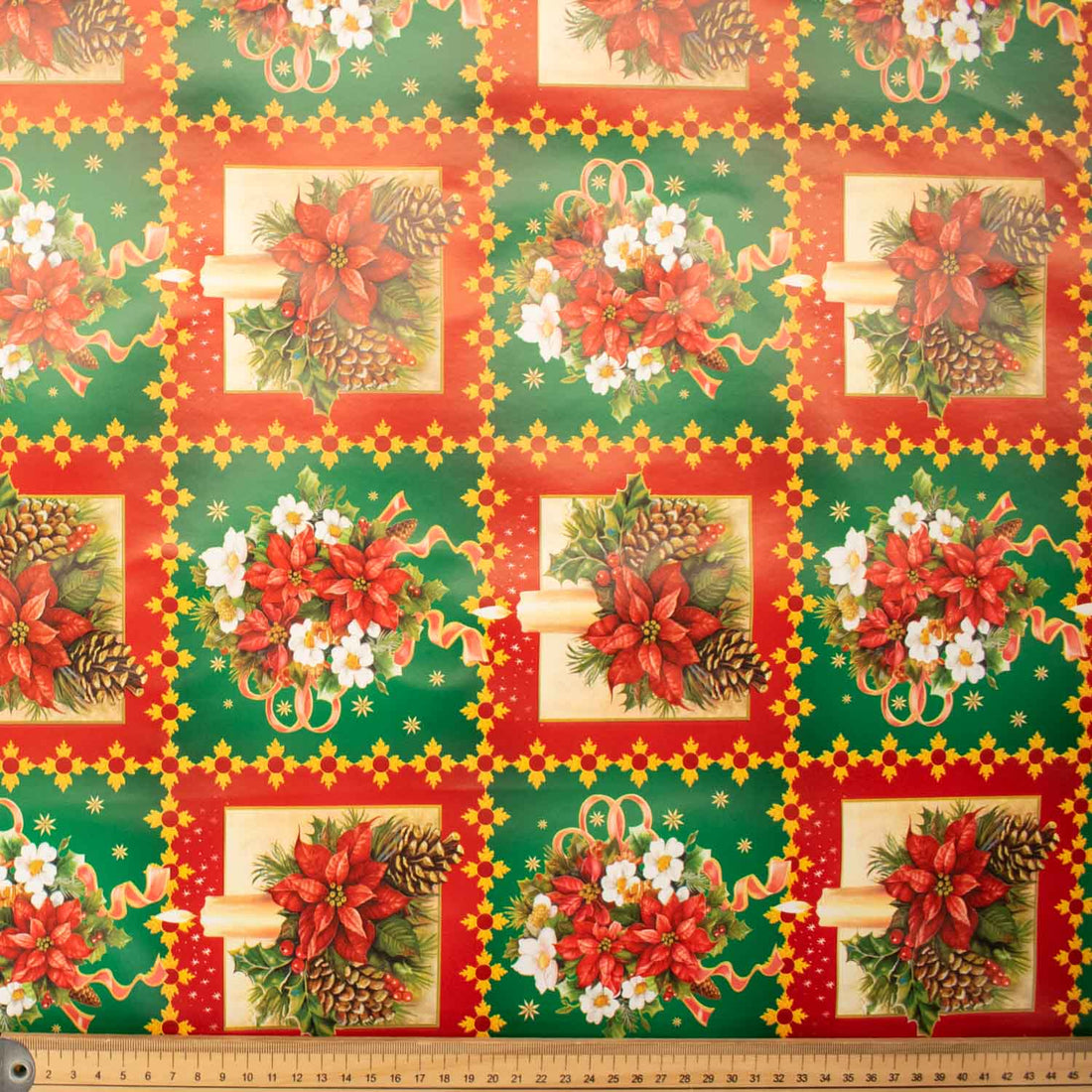 Christmas Poinsettia on Red & Green Check Plastic Tablecloth Fabric