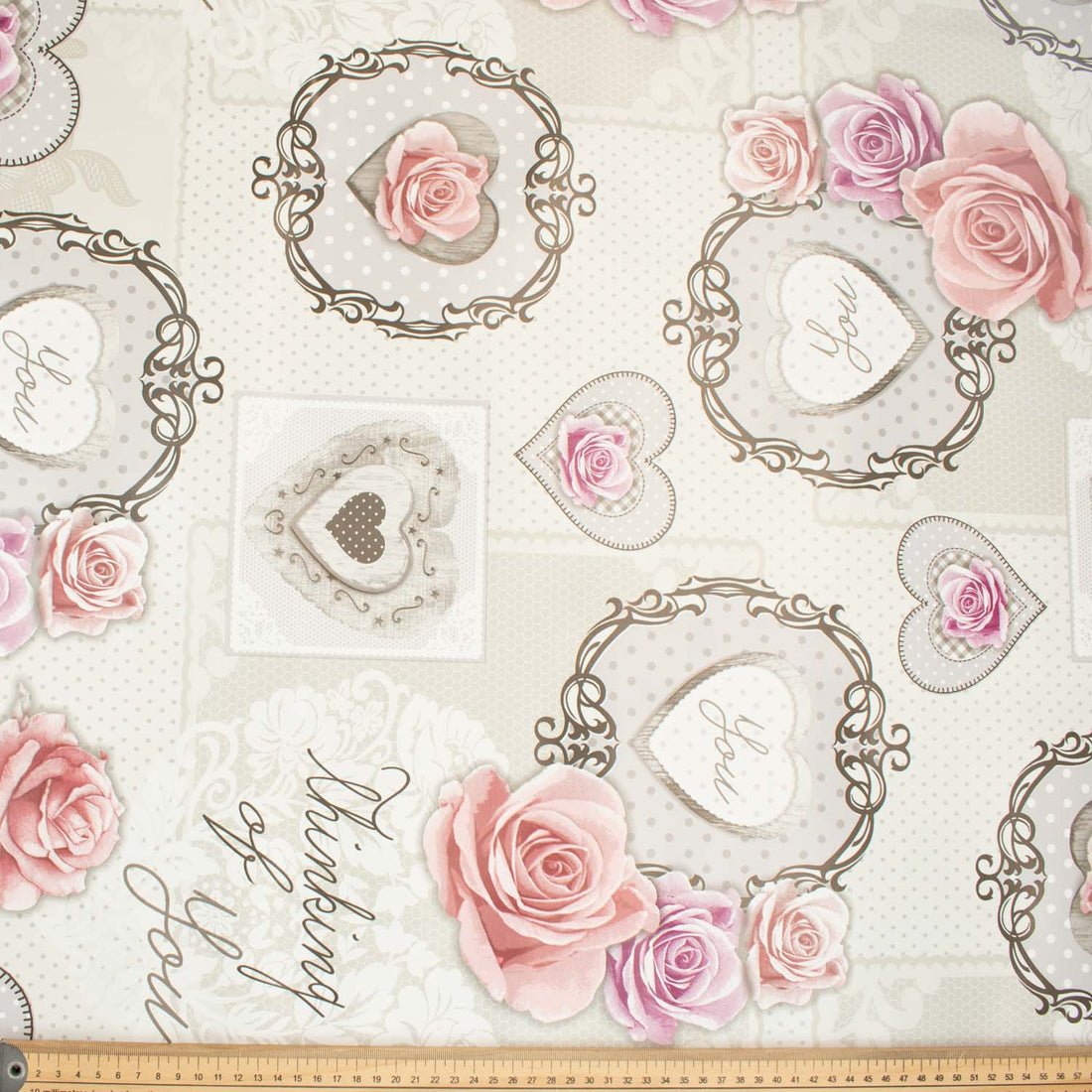 Silver Heart & Roses Plastic Tablecloth Fabric