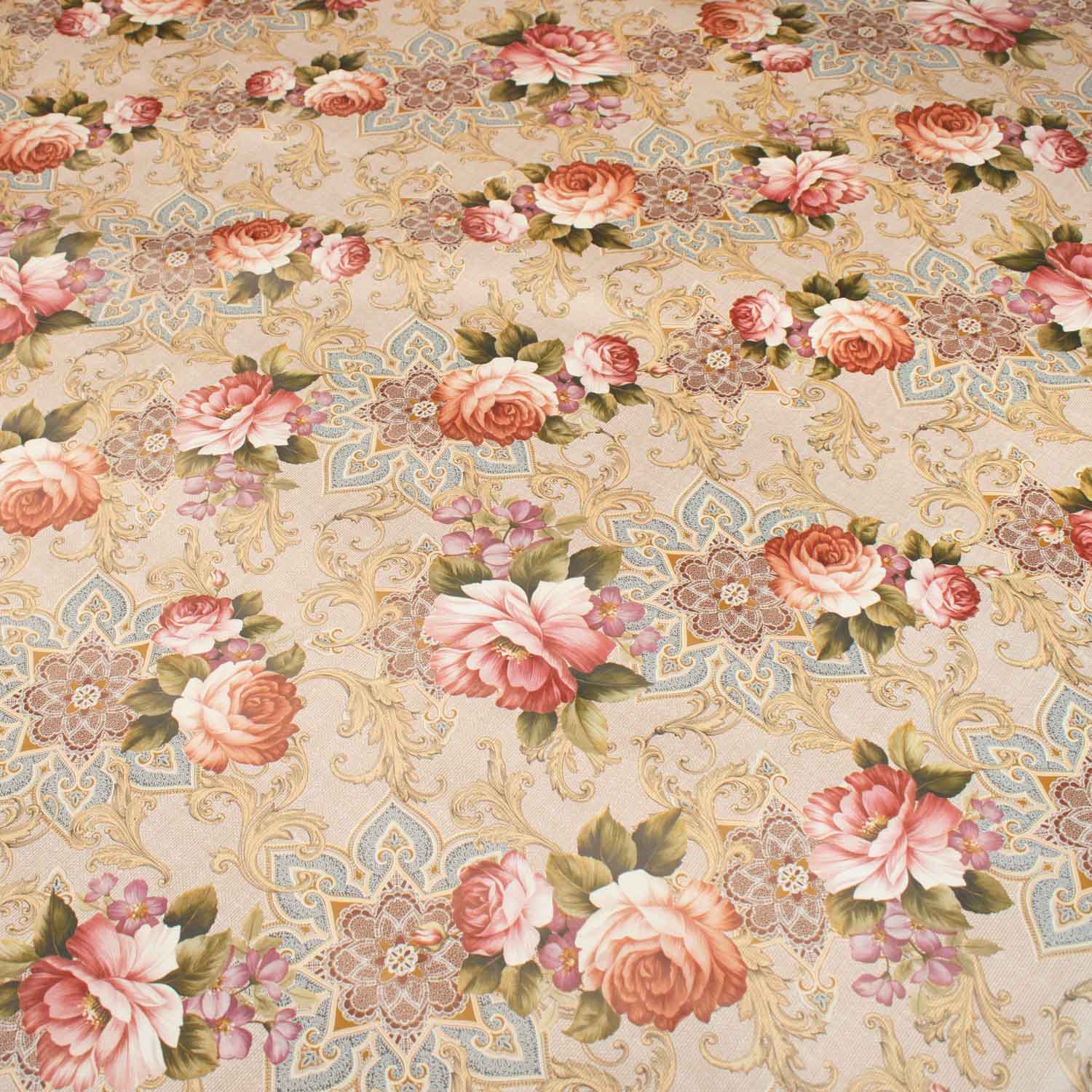 Pink & Beige Vintage Floral Plastic Tablecloth Fabric