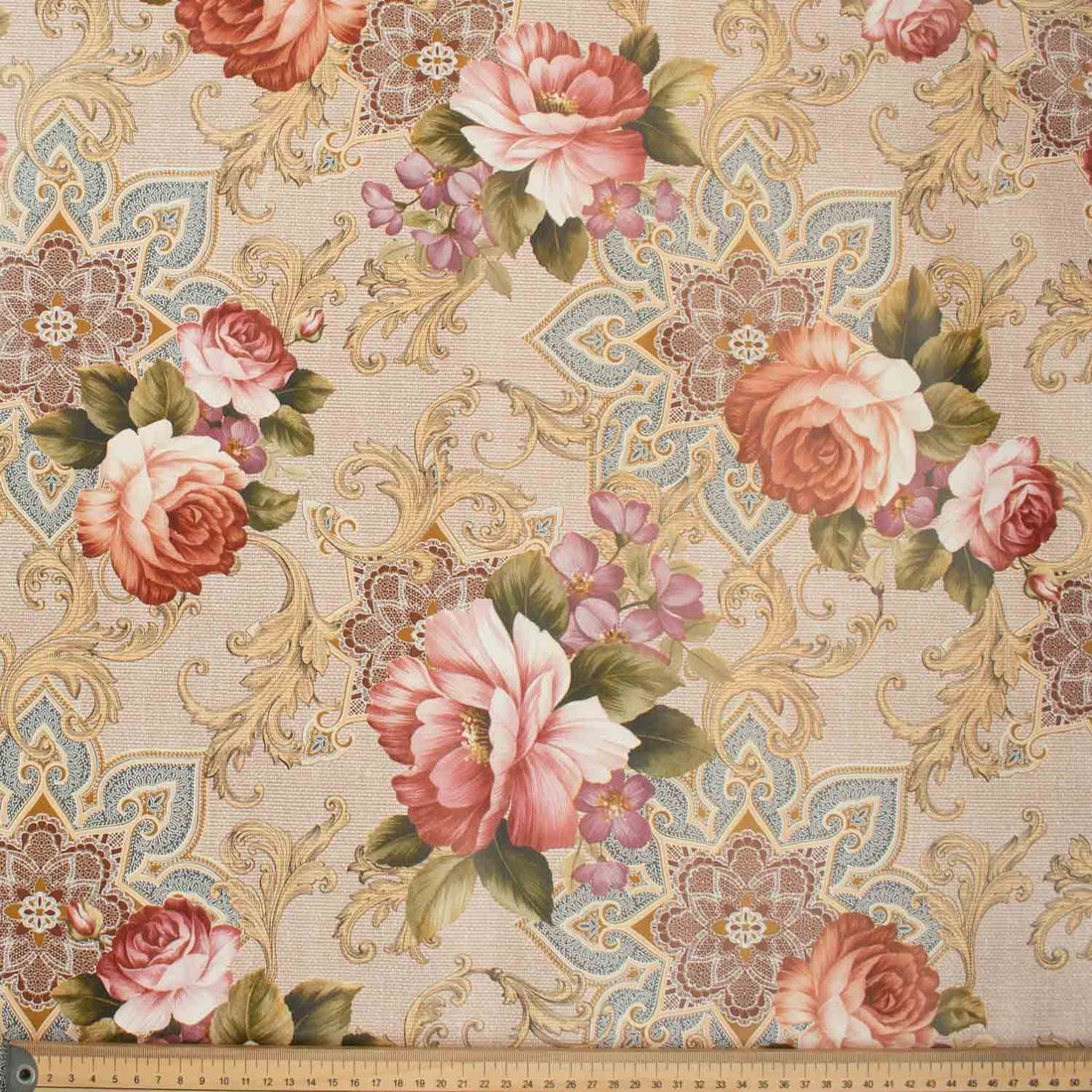 Pink & Beige Vintage Floral Plastic Tablecloth Fabric