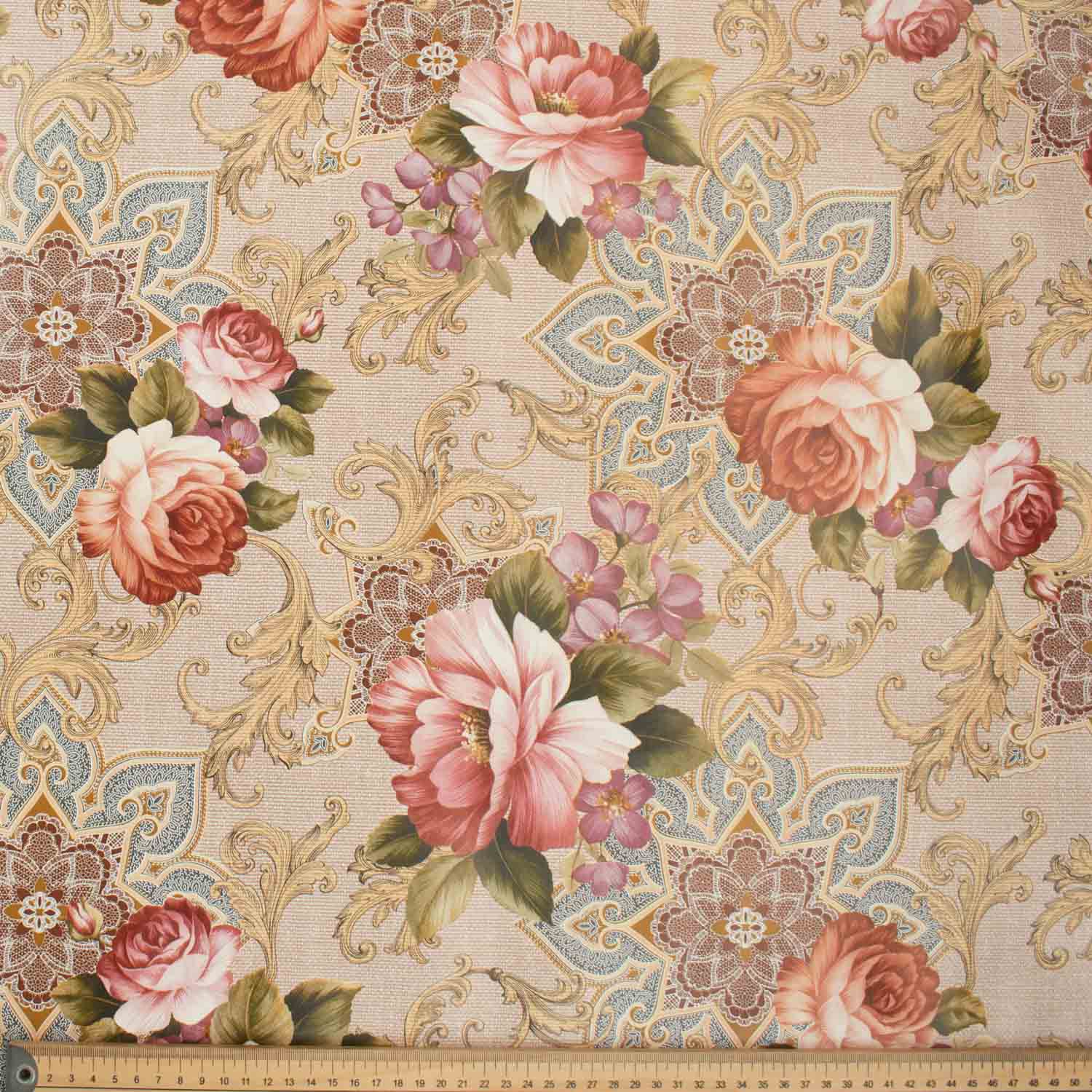 Pink & Beige Vintage Floral Plastic Tablecloth Fabric