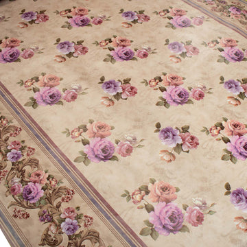 Purple & Pink Flower on Latte Plastic Tablecloth Fabric