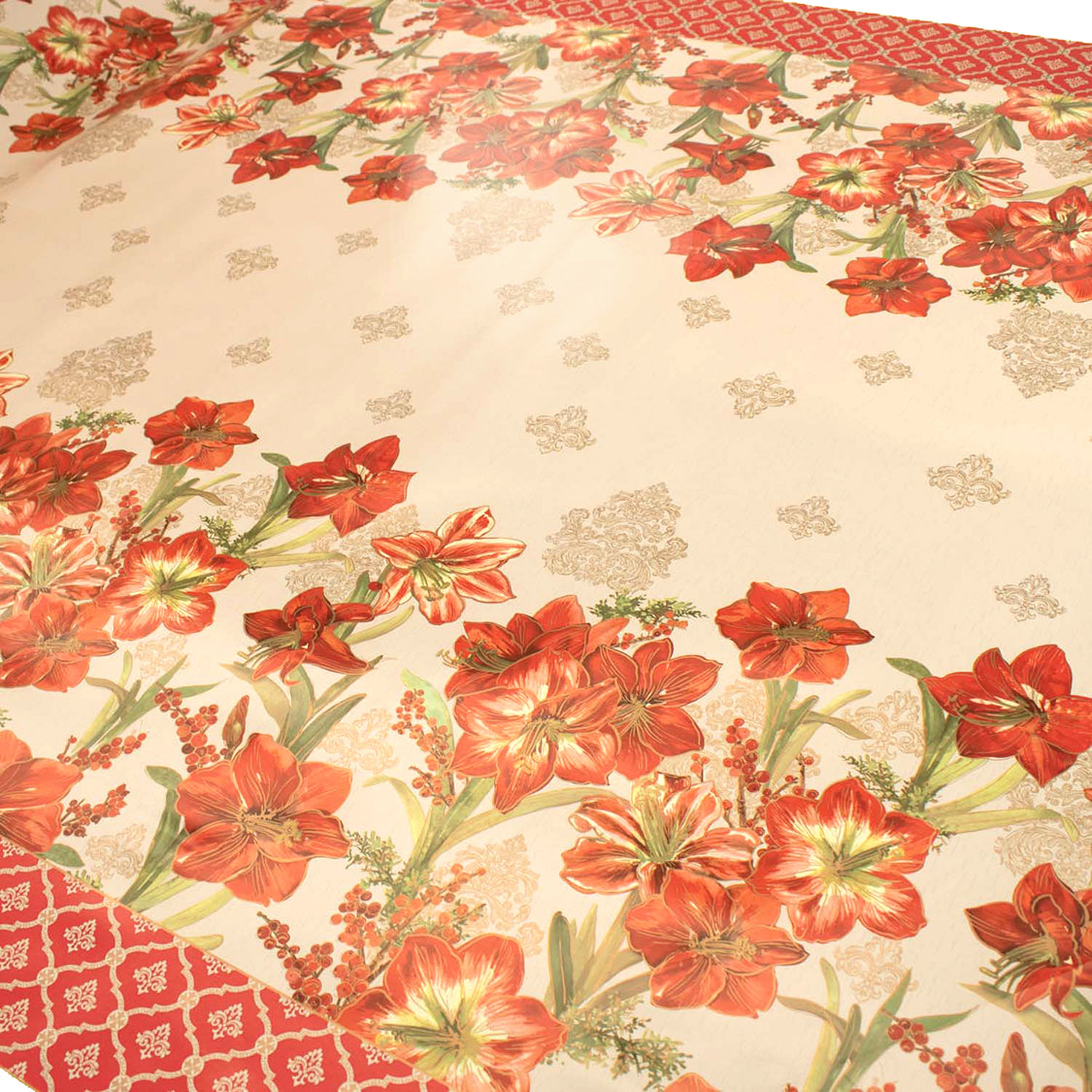 Red Lilium Plastic Tablecloth Fabric