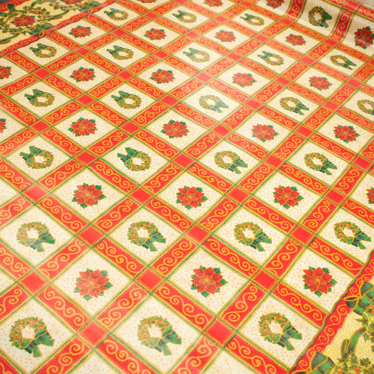 Christmas Wreath Rings & Checks Plastic Tablecloth Fabric