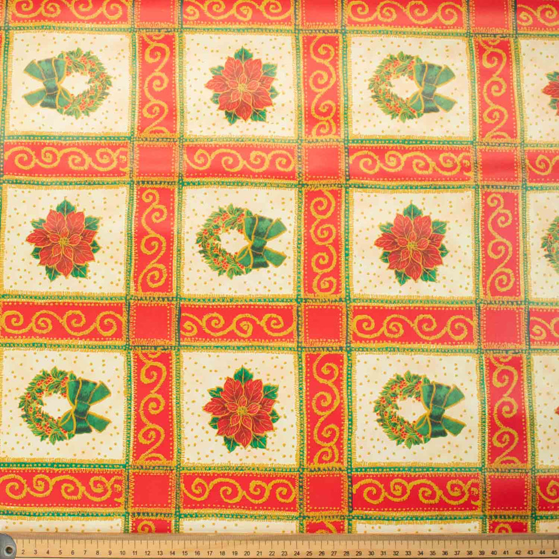 Christmas Wreath Rings & Checks Plastic Tablecloth Fabric