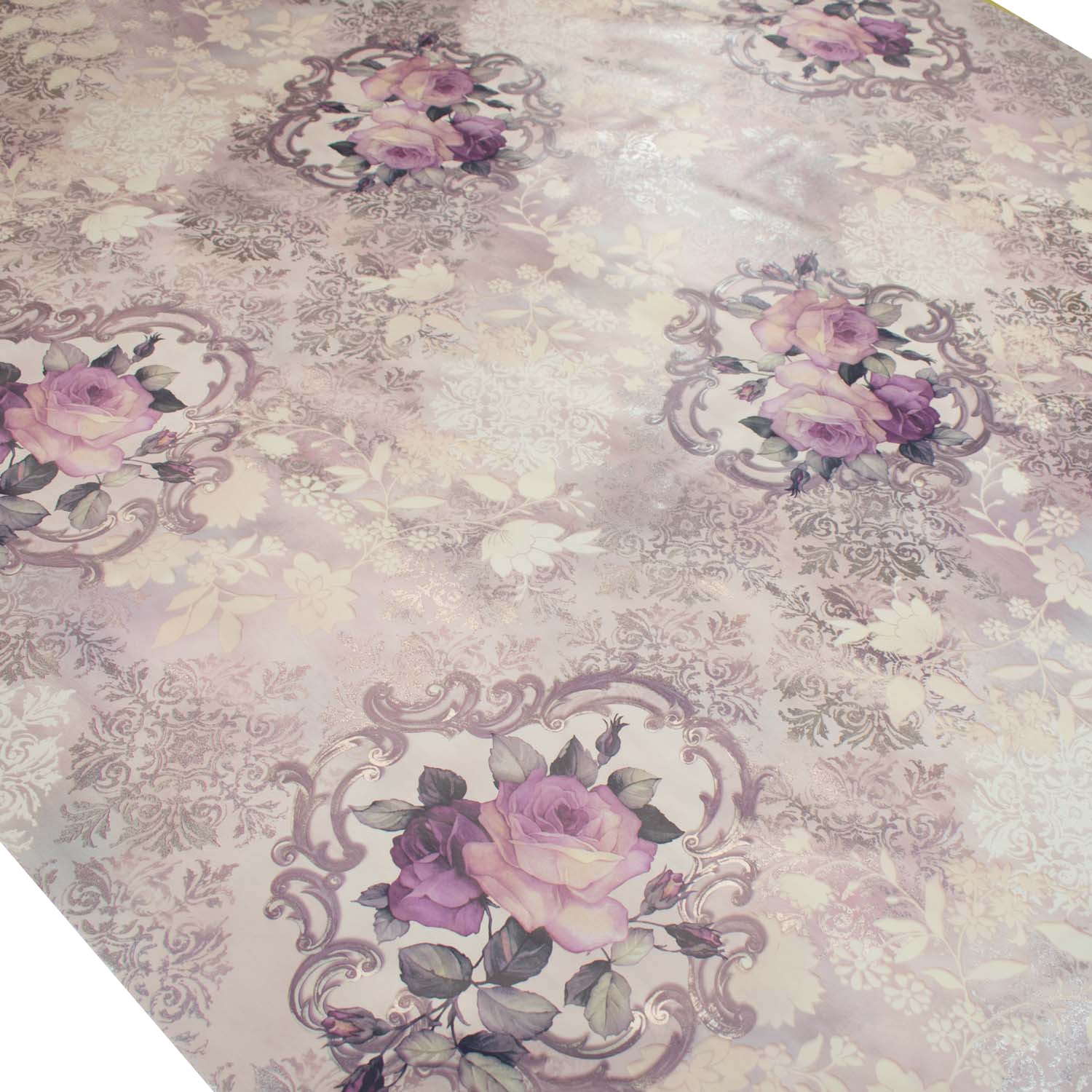 Lilac & Silver Roses Plastic Tablecloth Fabric
