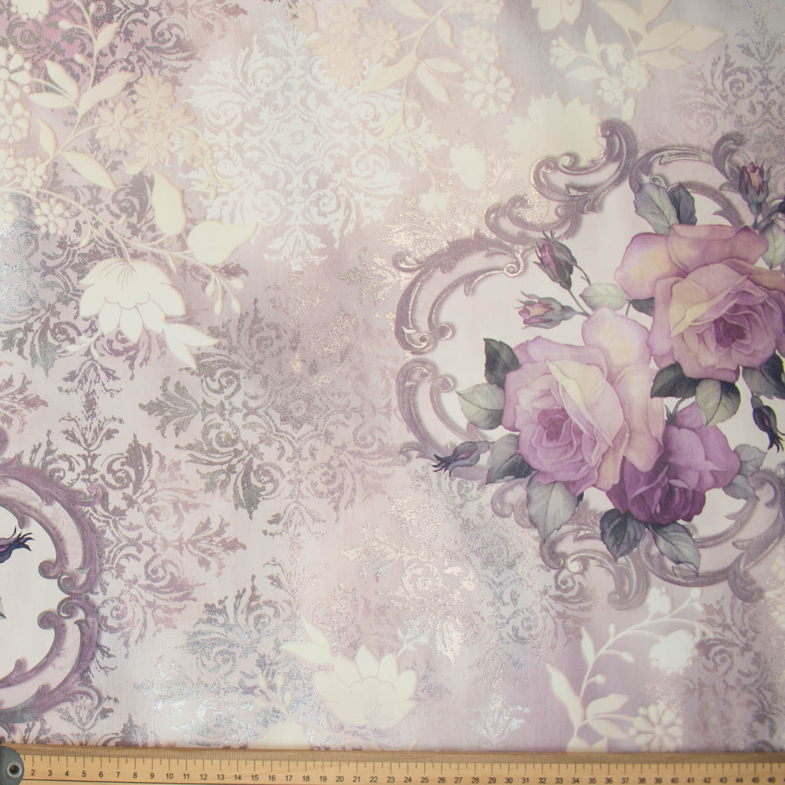 Lilac & Silver Roses Plastic Tablecloth Fabric