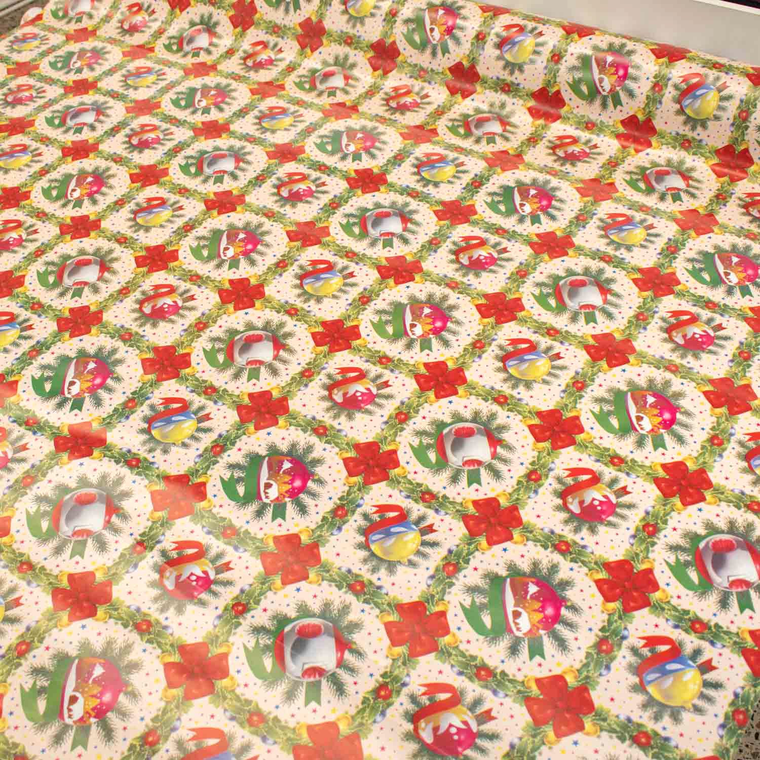 Christmas Ornaments & Checks Plastic Tablecloth Fabric