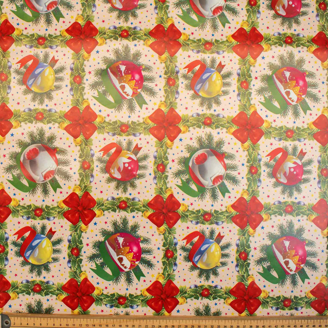 Christmas Ornaments & Checks Plastic Tablecloth Fabric