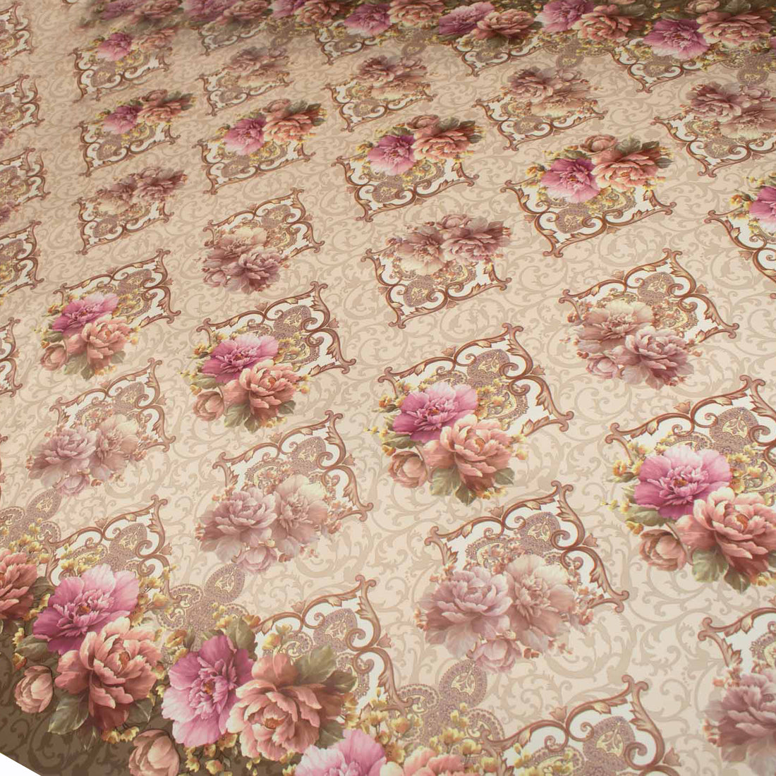 Pink Vintage Flower on Brown Plastic Tablecloth Fabric