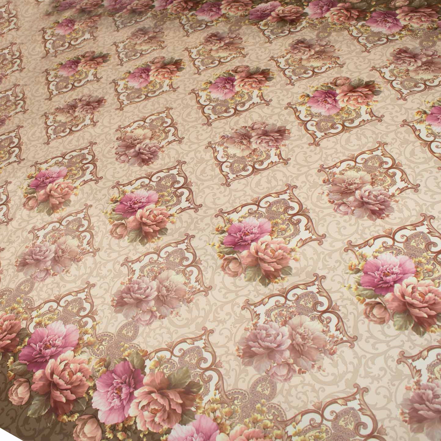 Pink Vintage Flower on Brown Plastic Tablecloth Fabric