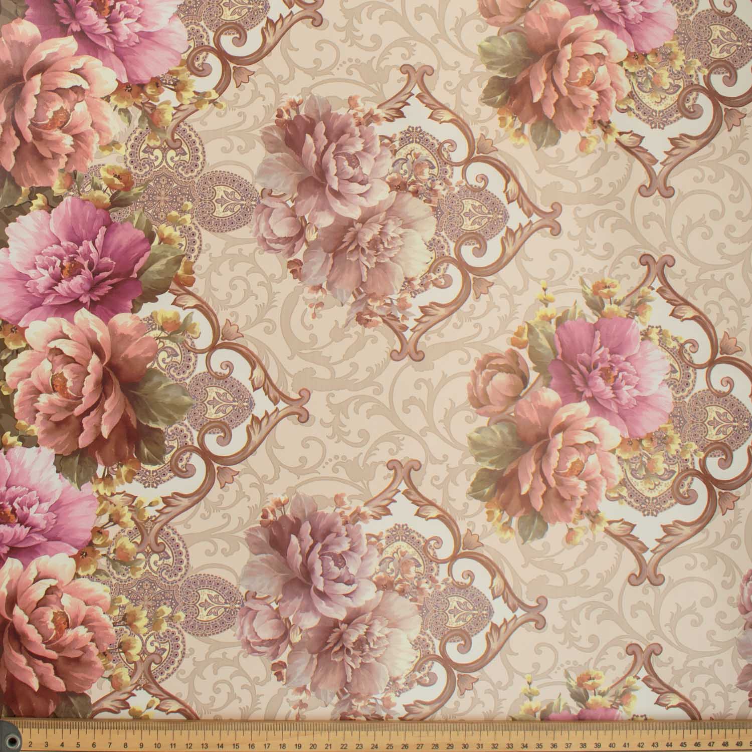 Pink Vintage Flower on Brown Plastic Tablecloth Fabric