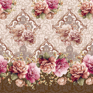 Pink Vintage Flower on Brown Plastic Tablecloth Fabric