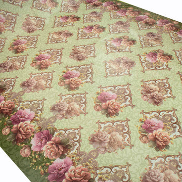 Pink Vintage Flower on Green Plastic Tablecloth Fabric