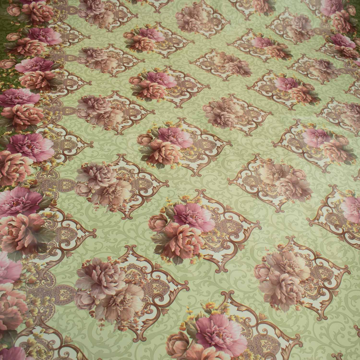 Pink Vintage Flower on Green Plastic Tablecloth Fabric