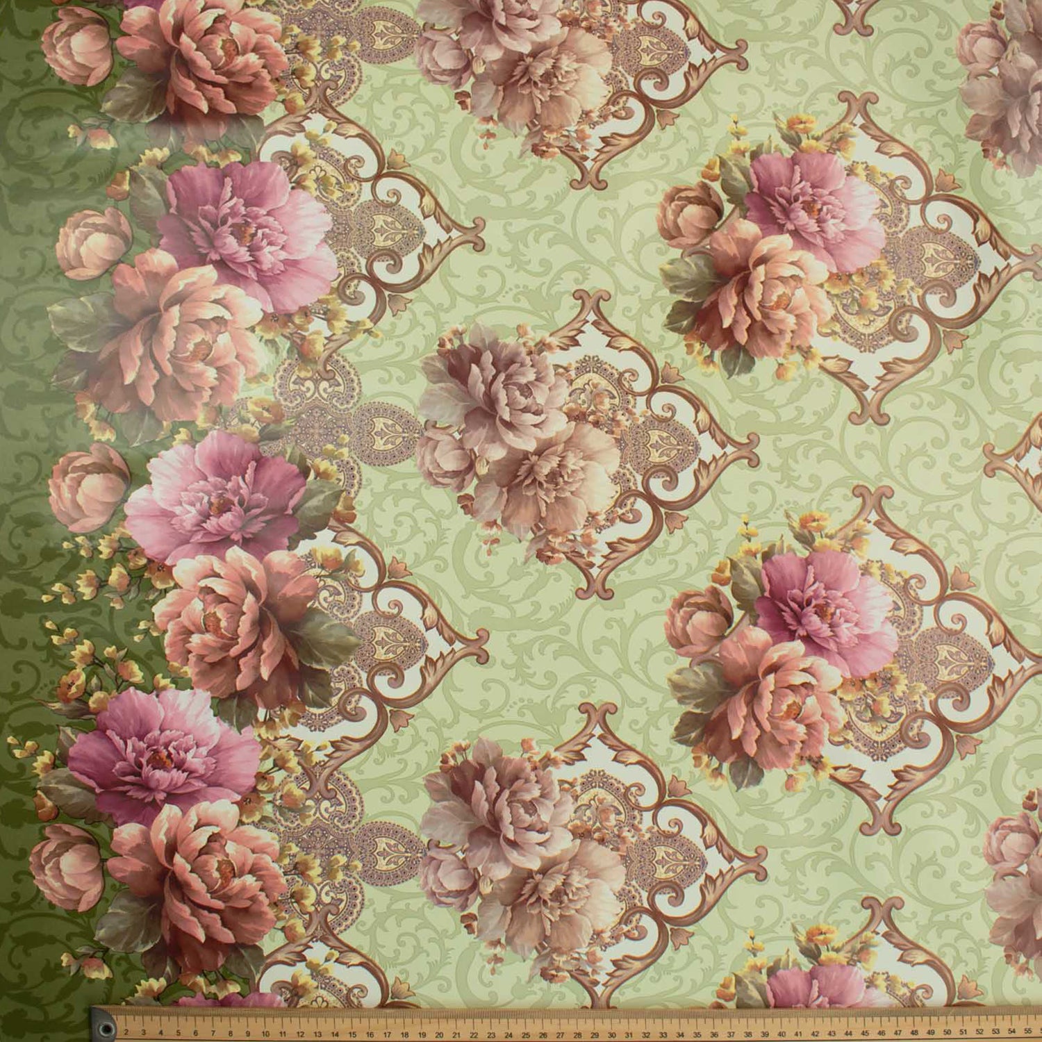 Pink Vintage Flower on Green Plastic Tablecloth Fabric