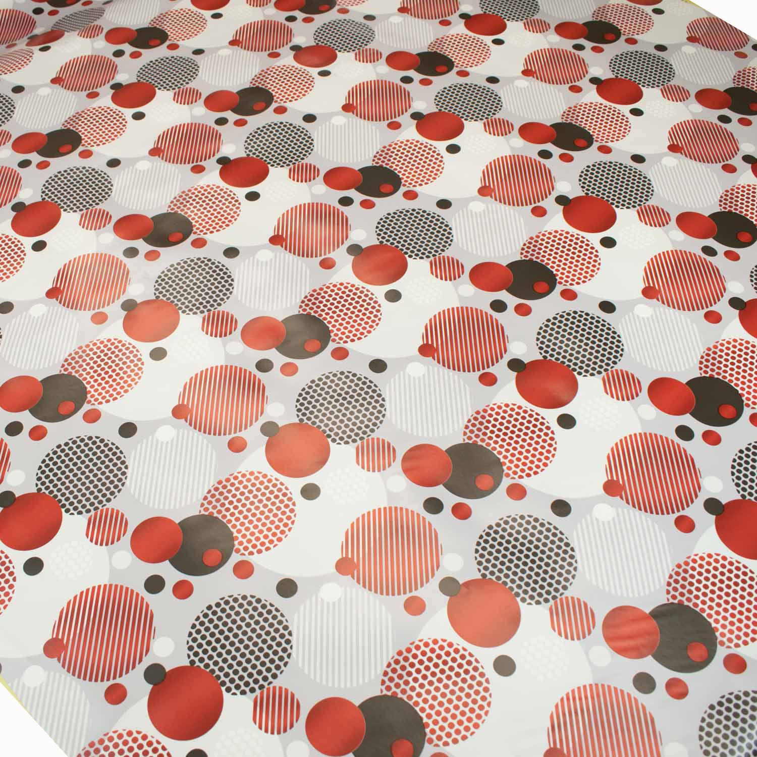 Red & Black Circles on Grey Plastic Tablecloth Fabric