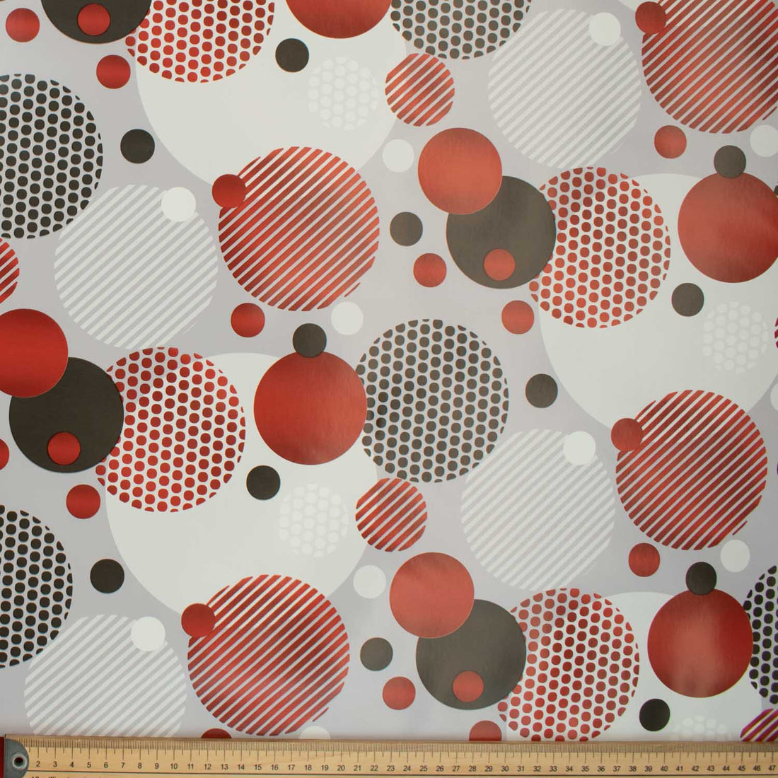 Red & Black Circles on Grey Plastic Tablecloth Fabric
