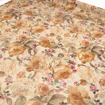 Light Brown & Pink Flowers Plastic Tablecloth Fabric