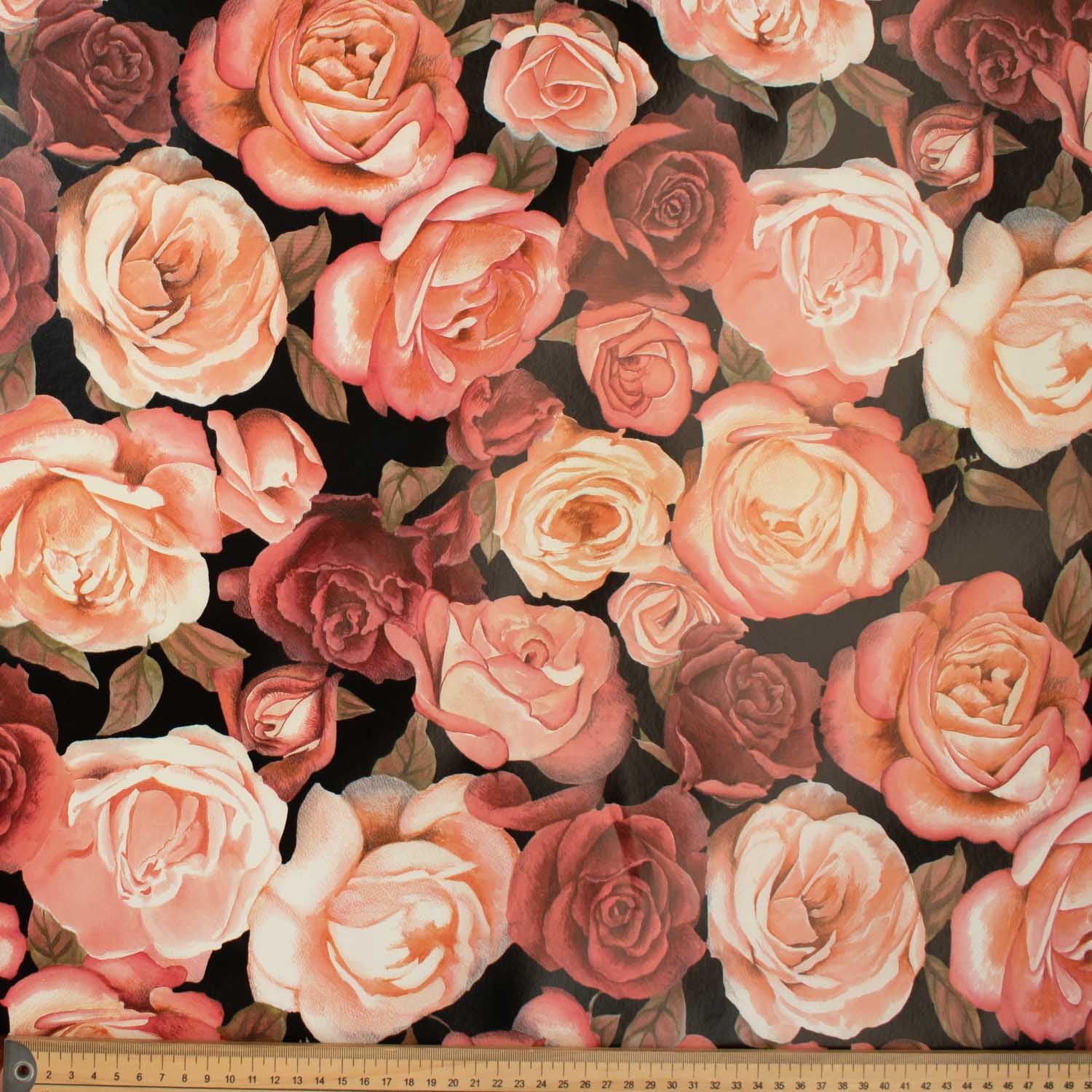 Red Roses on Black Plastic Tablecloth Fabric